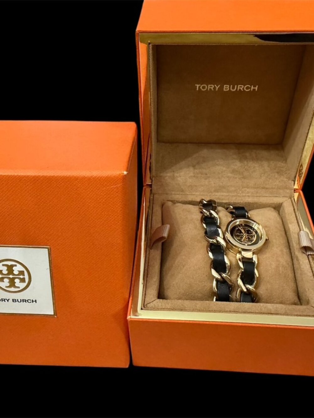 Tory Burch Reva Watch w/Steel Chain Bracelet Interwoven w/Black Leather